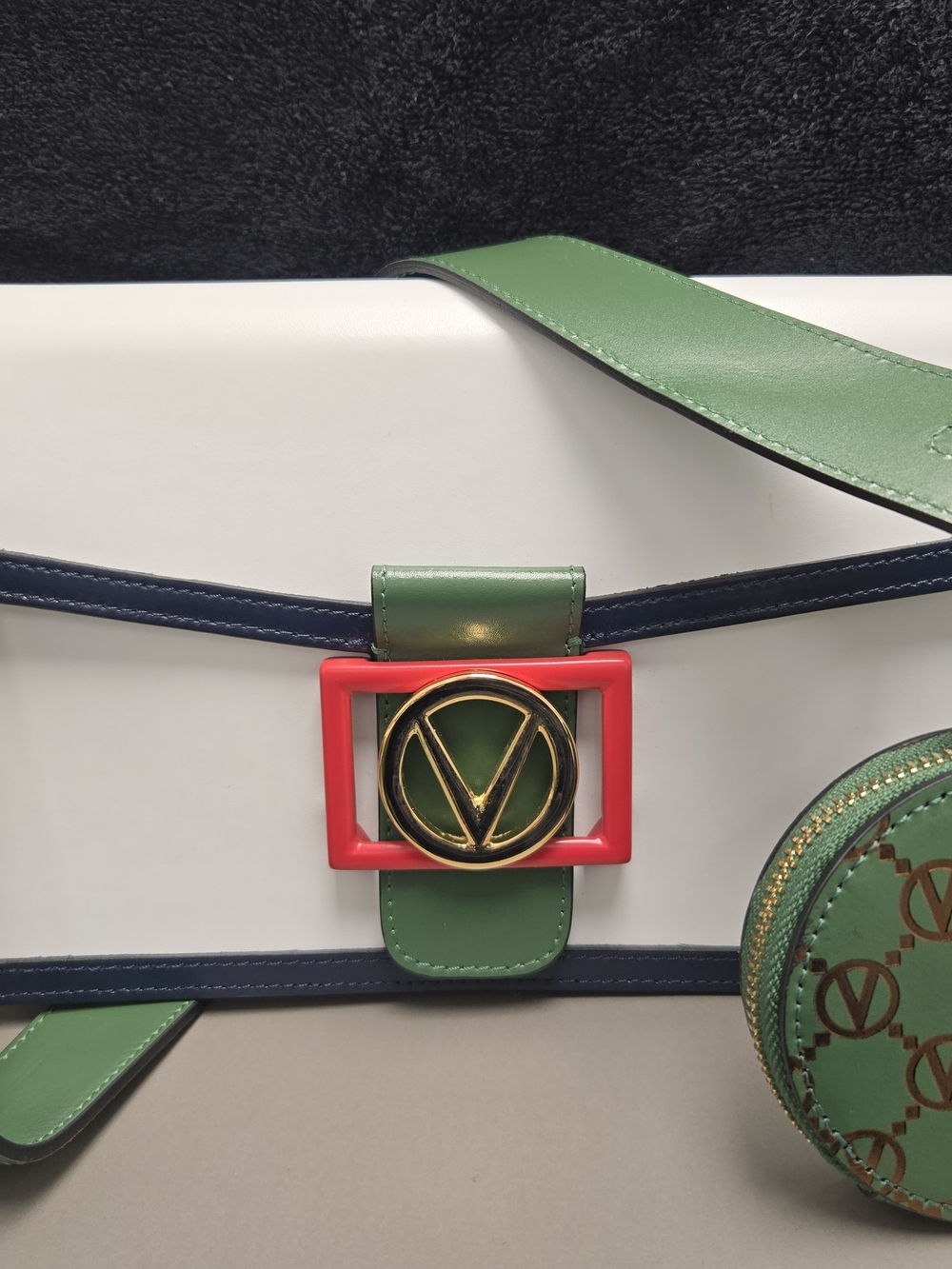 Valentino By Mario Valentino Green, White & Navy Crossbody with Red Buckle - Picture 3 of 3